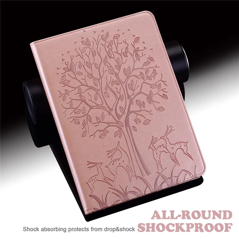 For Amazon Kindle 6 inch (2024) / (2022) PU Leather Tablet Case Tree Deer Imprinted Stand Cover with Card Holder - Rose Gold