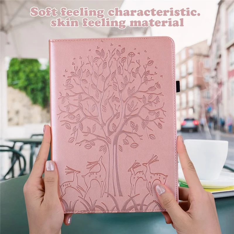 For Amazon Kindle 6 inch (2024) / (2022) PU Leather Tablet Case Tree Deer Imprinted Stand Cover with Card Holder - Rose Gold