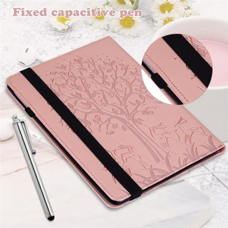 For Amazon Kindle 6 inch (2024) / (2022) PU Leather Tablet Case Tree Deer Imprinted Stand Cover with Card Holder - Rose Gold