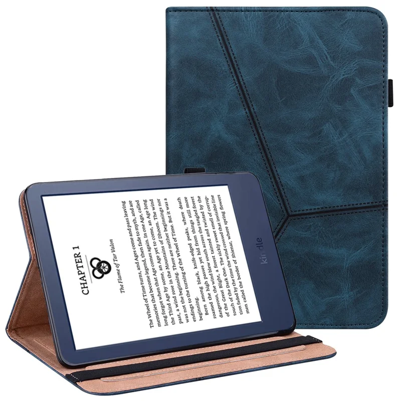 For Amazon Kindle 6 inch (2024) / (2022) Line Imprinted PU Case Shockproof Tablet Cover with Card Slots - Blue