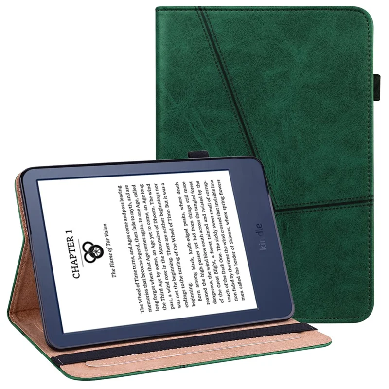 For Amazon Kindle 6 inch (2024) / (2022) Line Imprinted PU Case Shockproof Tablet Cover with Card Slots - Green