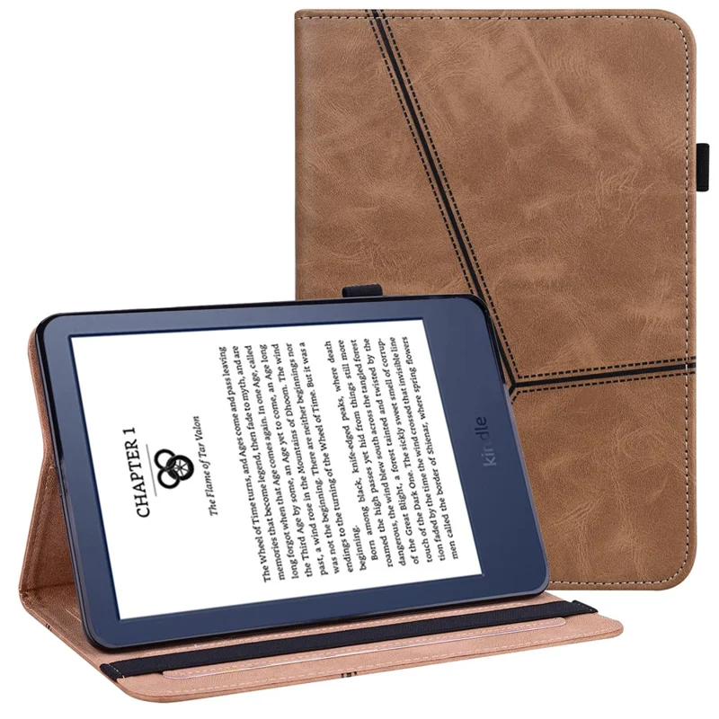 For Amazon Kindle 6 inch (2024) / (2022) Line Imprinted PU Case Shockproof Tablet Cover with Card Slots - Brown