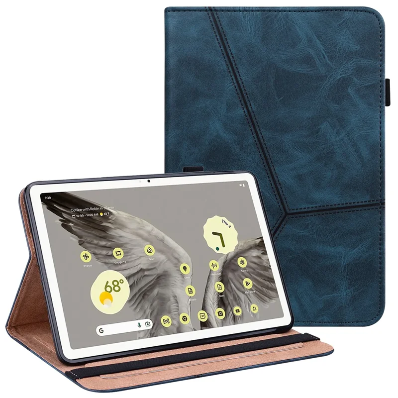 Line Imprinted Anti-Dorp PU Case for Google Pixel Tablet Shockproof Cover with Card Slots - Blue