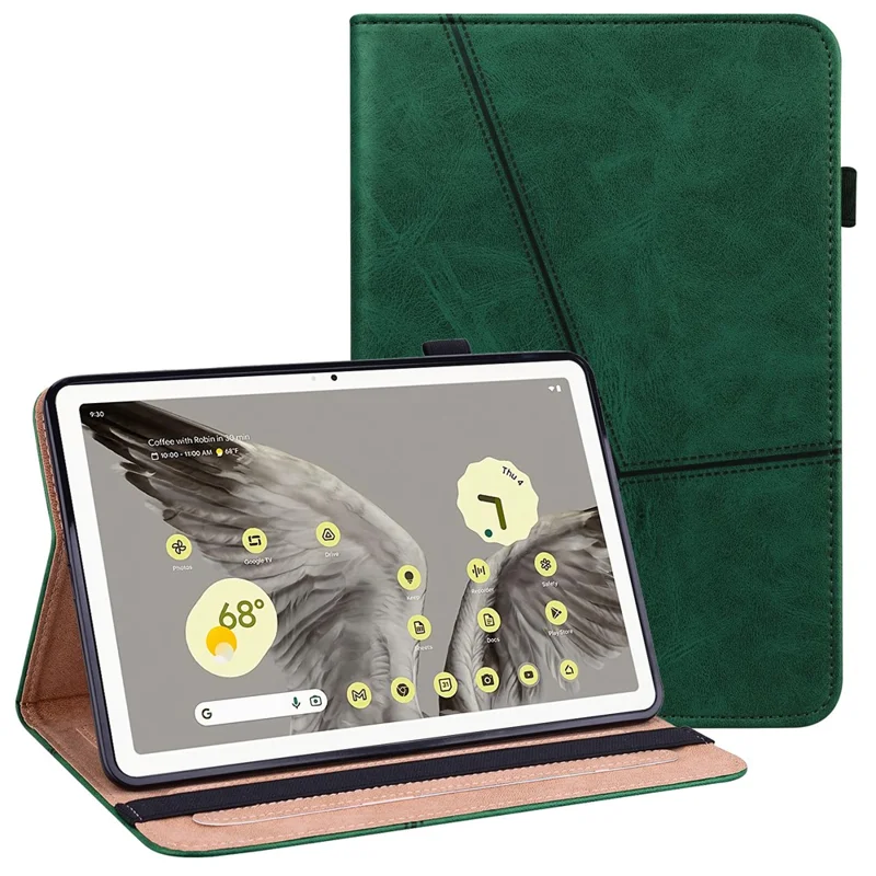 Line Imprinted Anti-Dorp PU Case for Google Pixel Tablet Shockproof Cover with Card Slots - Green