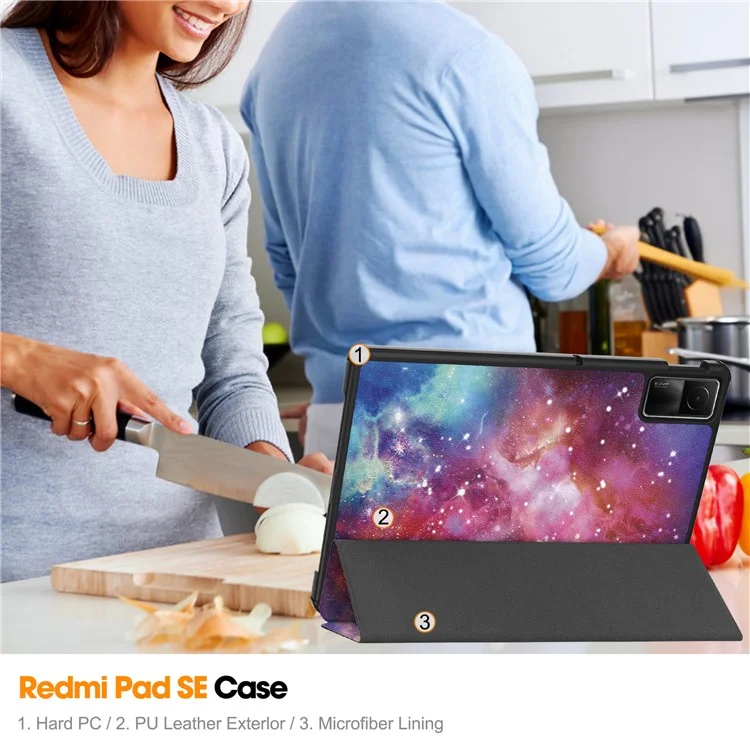 Pour Xiaomi Redmi Pad SE Étui en cuir PU Impression de motif Housse de tablette avec support Tri-fold - Galaxie