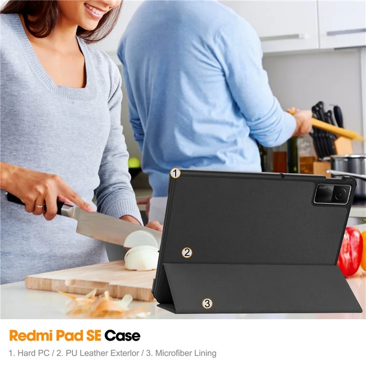 Для Xiaomi Redmi Pad SE чехол-подставка с тройным изгибом, ударопрочный чехол из искусственной кожи, чехол для планшета - черный