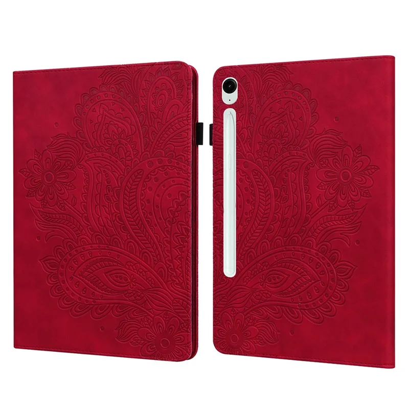 For Samsung Galaxy Tab S10 FE / S9 FE / S9 PU Leather Card Holder Tablet Case Flower Imprinting Support Stand Cover - Red