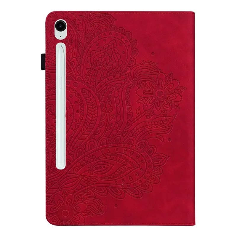 For Samsung Galaxy Tab S10 FE / S9 FE / S9 PU Leather Card Holder Tablet Case Flower Imprinting Support Stand Cover - Red