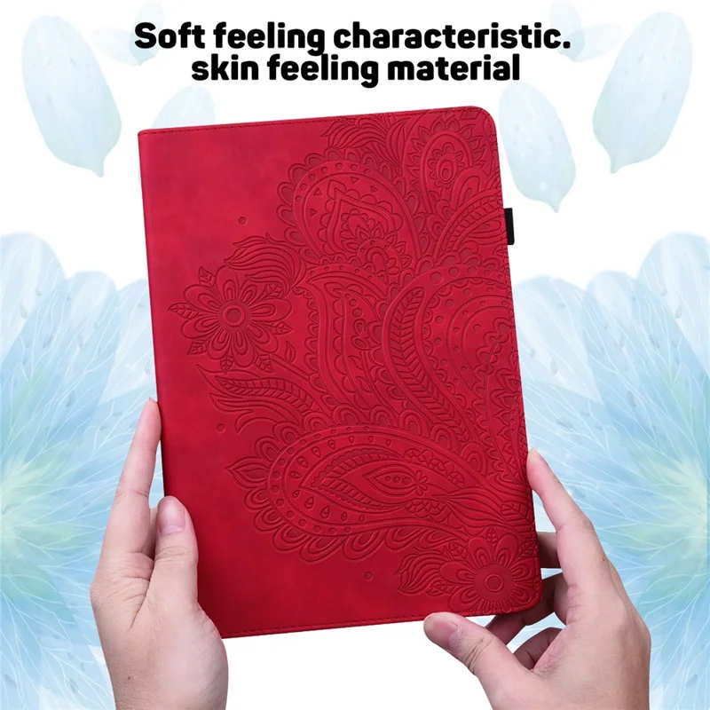 For Samsung Galaxy Tab S10 FE / S9 FE / S9 PU Leather Card Holder Tablet Case Flower Imprinting Support Stand Cover - Red