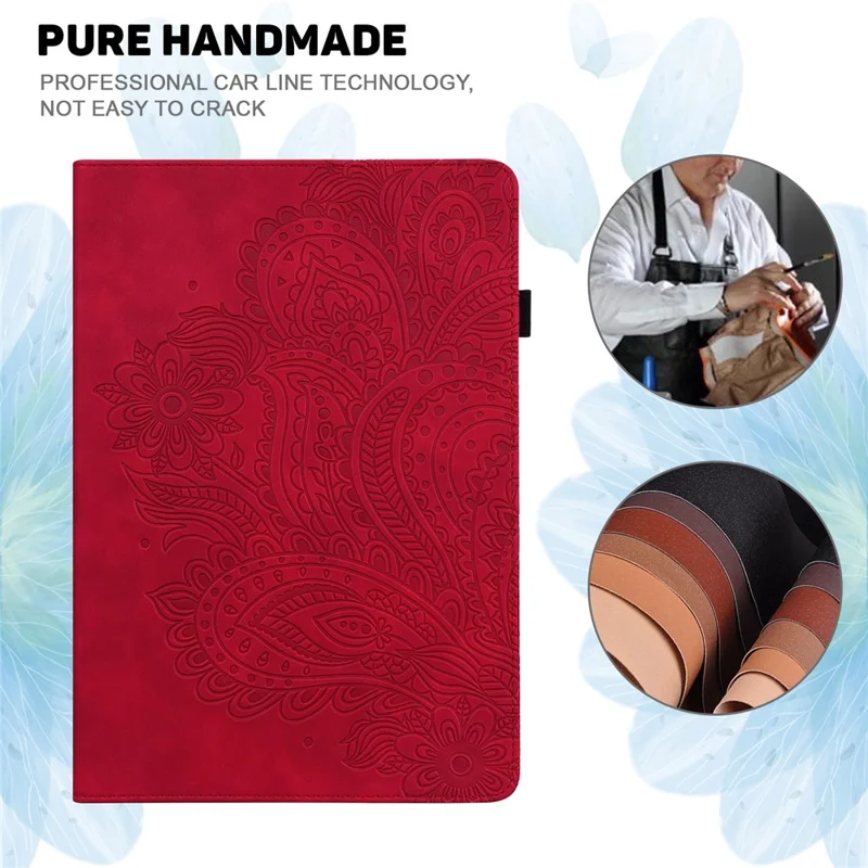 For Samsung Galaxy Tab S10 FE / S9 FE / S9 PU Leather Card Holder Tablet Case Flower Imprinting Support Stand Cover - Red
