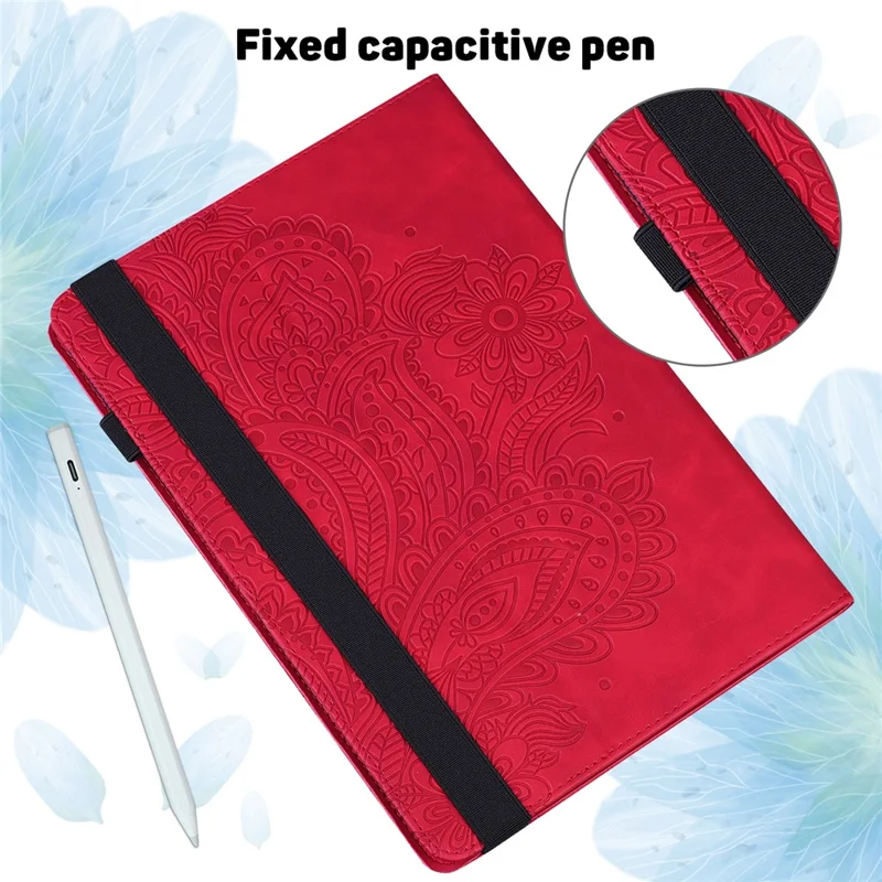 For Samsung Galaxy Tab S10 FE / S9 FE / S9 PU Leather Card Holder Tablet Case Flower Imprinting Support Stand Cover - Red