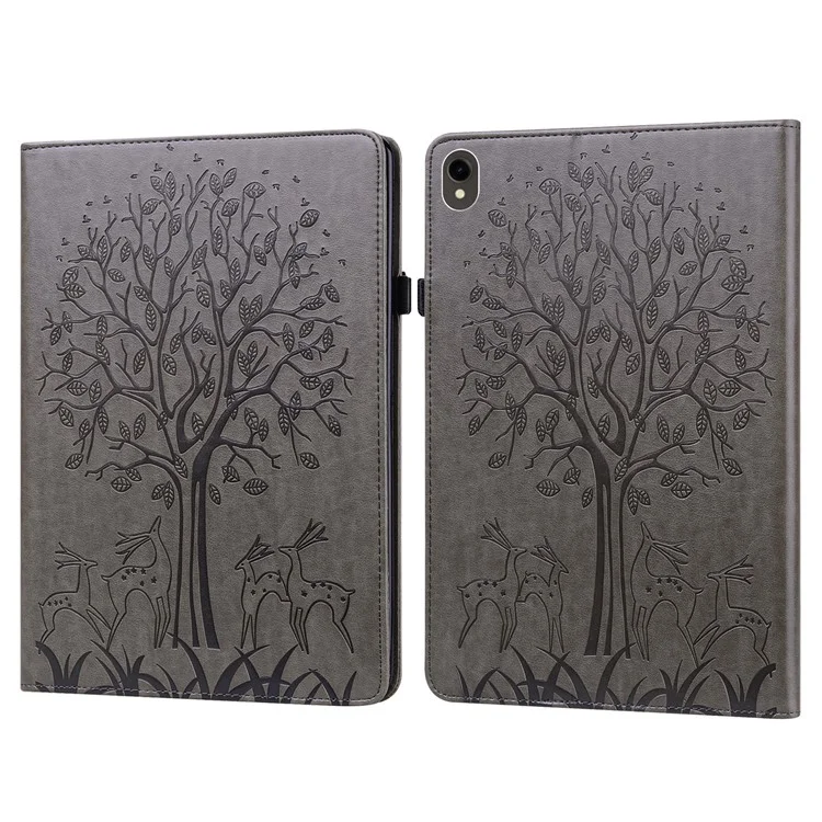 Para Samsung Galaxy Tab S10 / S9 / S9 FE Case de Capa de Suporte com Padrão de Árvore e Cervo Impressa em Couro PU com Suporte de Cartão - Cinza