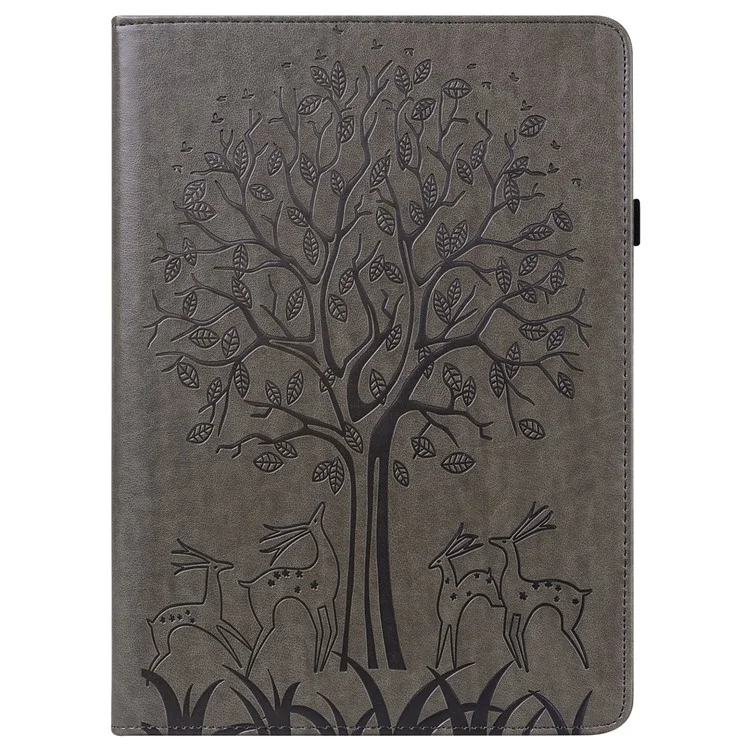 Para Samsung Galaxy Tab S10 / S9 / S9 FE Case de Capa de Suporte com Padrão de Árvore e Cervo Impressa em Couro PU com Suporte de Cartão - Cinza