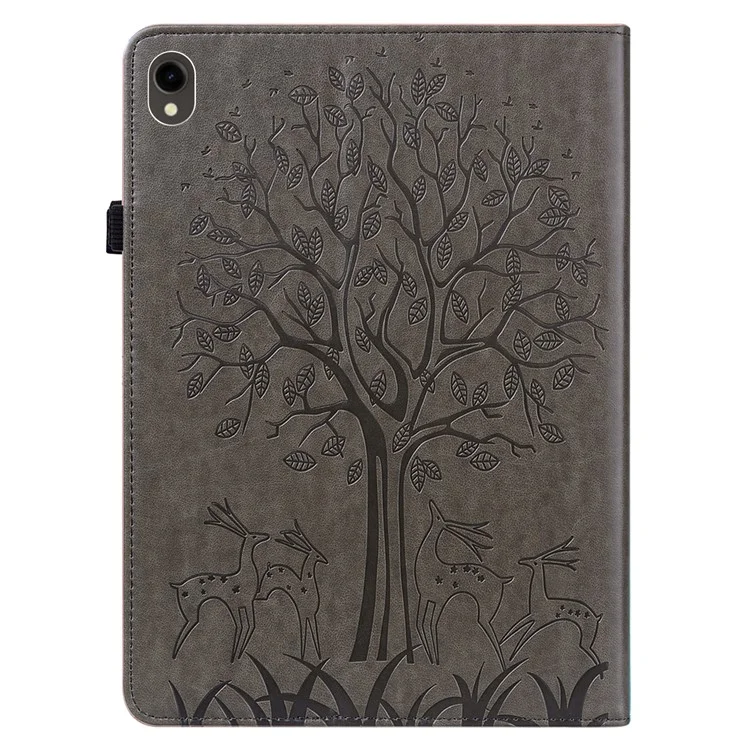 Para Samsung Galaxy Tab S10 / S9 / S9 FE Case de Capa de Suporte com Padrão de Árvore e Cervo Impressa em Couro PU com Suporte de Cartão - Cinza