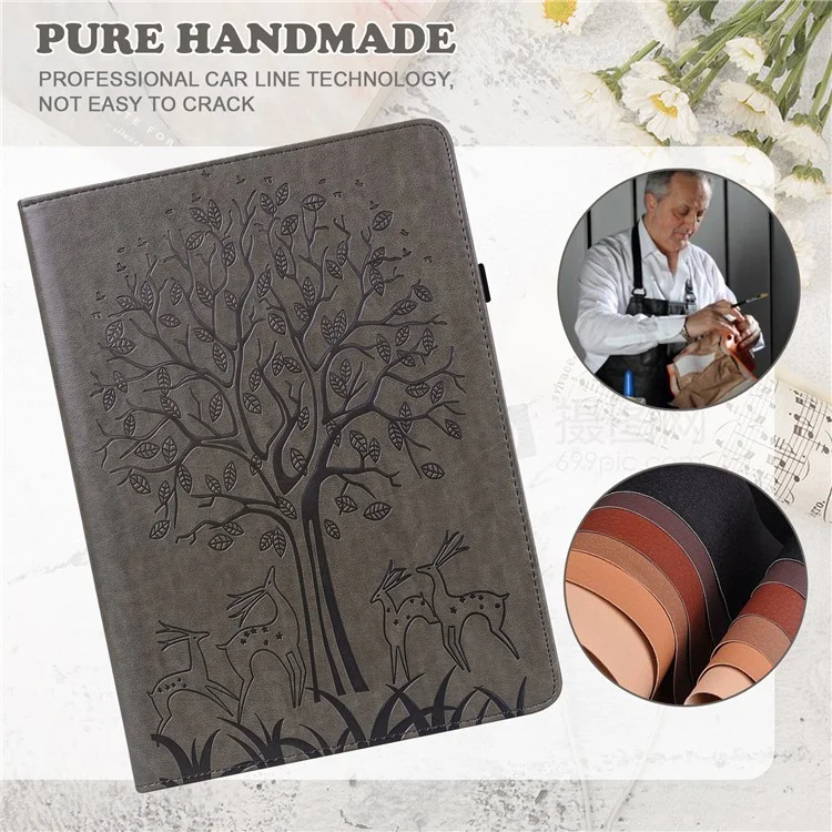 Para Samsung Galaxy Tab S10 / S9 / S9 FE Case de Capa de Suporte com Padrão de Árvore e Cervo Impressa em Couro PU com Suporte de Cartão - Cinza