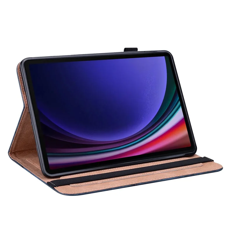 For Samsung Galaxy Tab S10 FE / S9 FE / S9 PU Stand Cover Line Imprinted Protective Tablet Cover with Card Slots - Blue