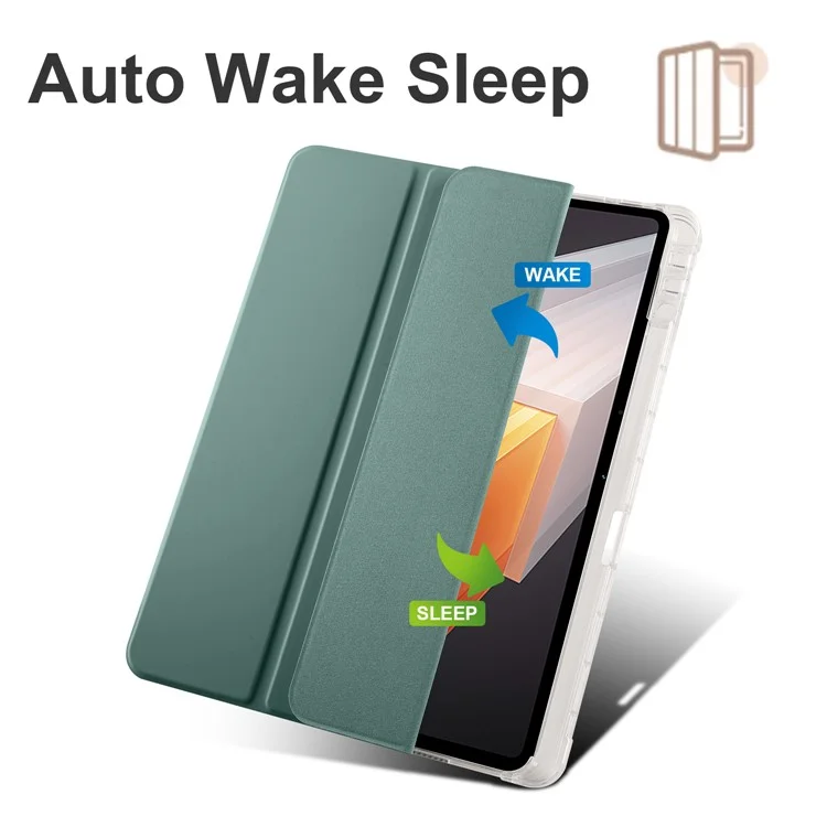 Für vivo Pad2 Smart Trifold Stand Case PU Leder Transparente TPU Rückseite Tablet-Hülle mit Stifthalter - Mitternachtsgrün