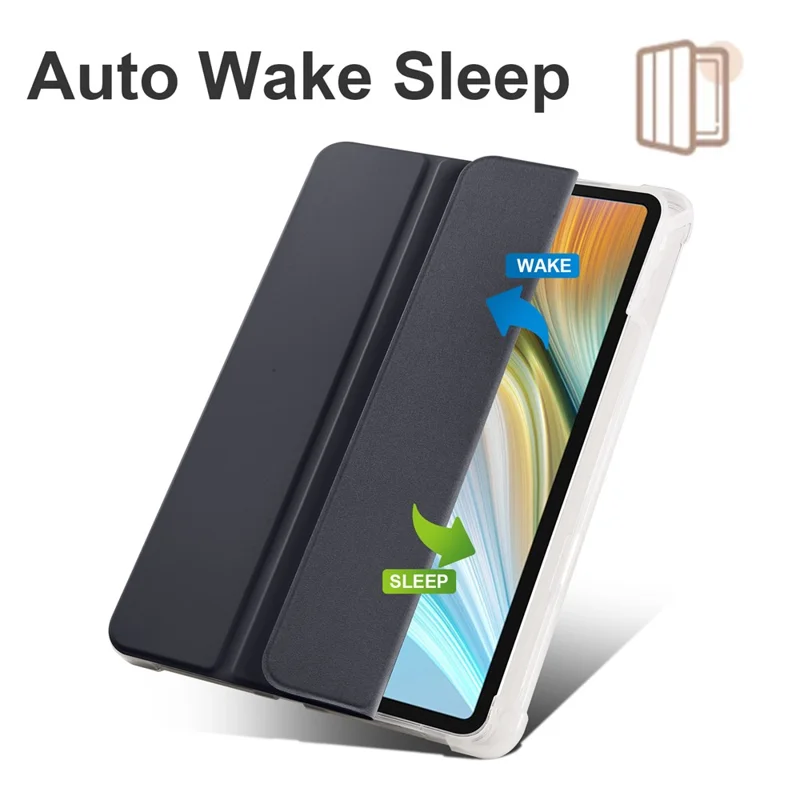 For Honor Pad 8 Trifold Stand Tablet Case with Pencil Holder PU Leather Transparent TPU Back Cover, Auto Wake / Sleep - Black