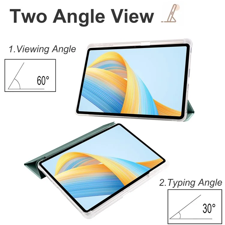 Funda para tableta con soporte plegable triple For Honor Pad V8 Pro, de cuero PU y TPU transparente con soporte para lápiz, color verde medianoche 