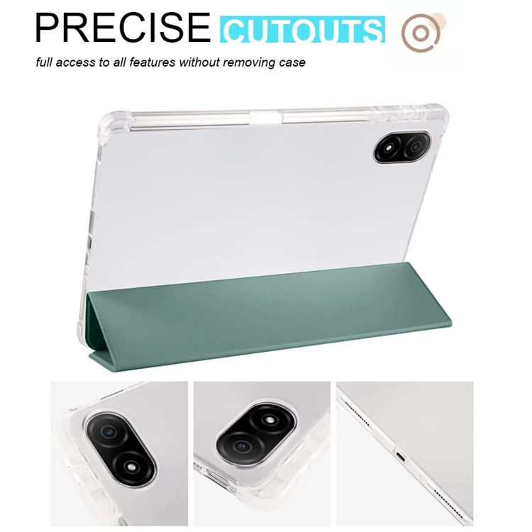 Funda para tableta con soporte plegable triple For Honor Pad V8 Pro, de cuero PU y TPU transparente con soporte para lápiz, color verde medianoche 