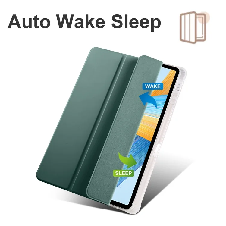 Funda para tableta con soporte plegable triple For Honor Pad V8 Pro, de cuero PU y TPU transparente con soporte para lápiz, color verde medianoche 
