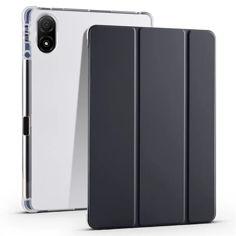For Honor Pad V8 Pro Trifold Stand Tablet Case PU Leather Transparent TPU Back Smart Cover with Pencil Holder - Black