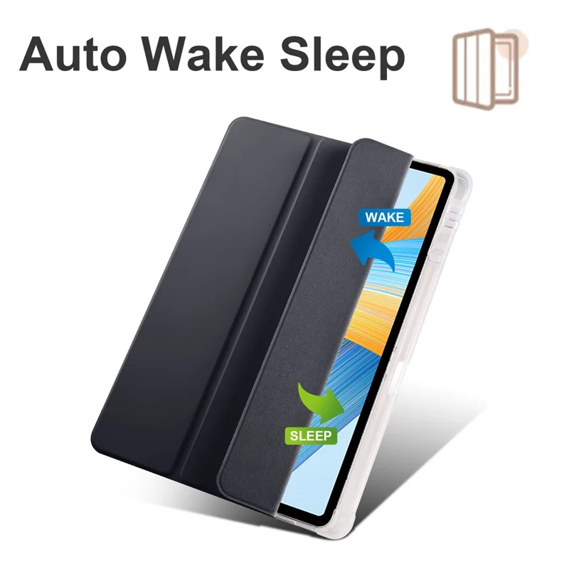 For Honor Pad V8 Pro Trifold Stand Tablet Case PU Leather Transparent TPU Back Smart Cover with Pencil Holder - Black