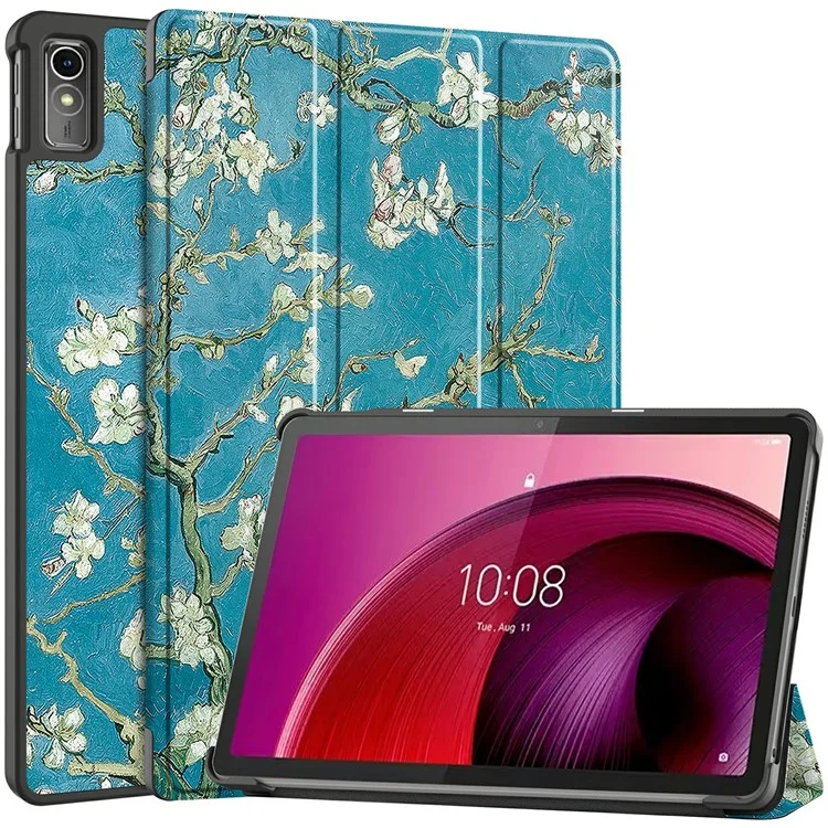 Pour Lenovo Tab M10 5G PU Cuir Étui de support pliable triple Motif d'impression Réveil / Veille automatique Étui pour tablette - Fleur d'abricotier