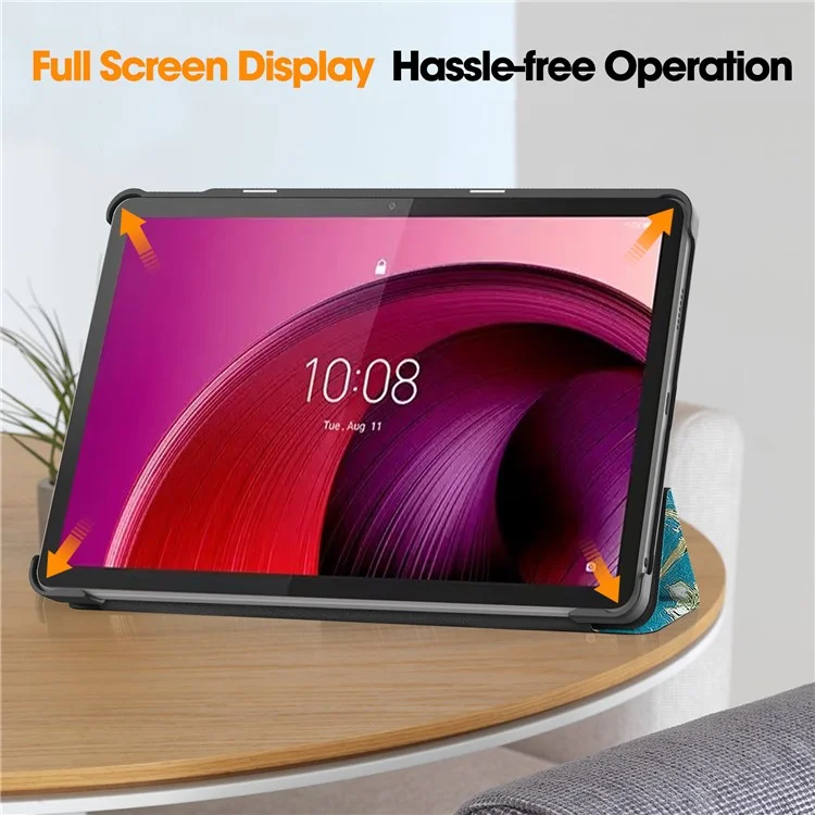 Pour Lenovo Tab M10 5G PU Cuir Étui de support pliable triple Motif d'impression Réveil / Veille automatique Étui pour tablette - Fleur d'abricotier