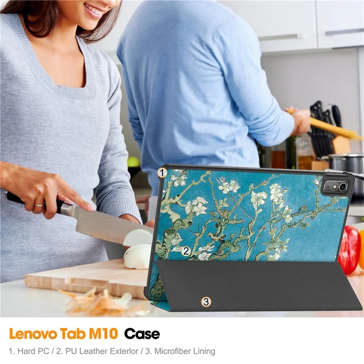 Pour Lenovo Tab M10 5G PU Cuir Étui de support pliable triple Motif d'impression Réveil / Veille automatique Étui pour tablette - Fleur d'abricotier