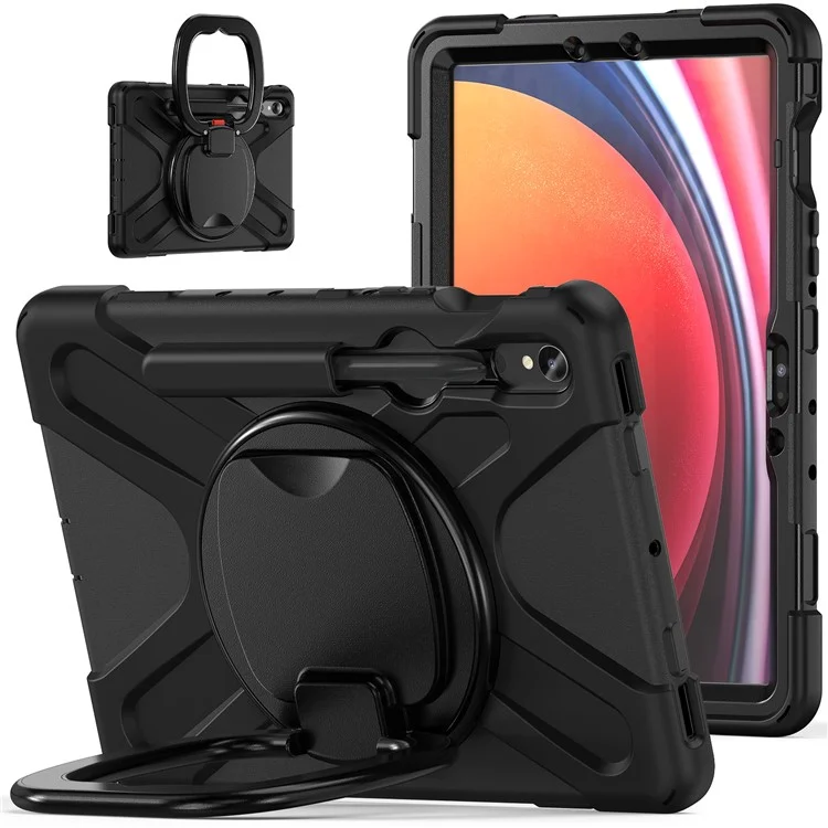 Para Samsung Galaxy Tab S9 / S8 / S7 Hard Pc+caso de Silicone Macio Rotativo Grip Kickstand Tampa do Tablet à Prova de Choque - Preto+preto