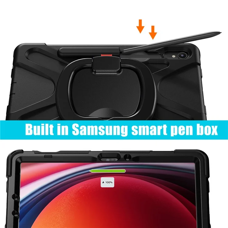 Para Samsung Galaxy Tab S9 / S8 / S7 Hard Pc+caso de Silicone Macio Rotativo Grip Kickstand Tampa do Tablet à Prova de Choque - Preto+preto