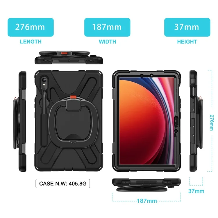 For Samsung Galaxy Tab S9 FE / S9 / S8 / S7 Hard PC+Soft Silicone Case Rotating Kickstand Shockproof Tablet Cover - Black+Black