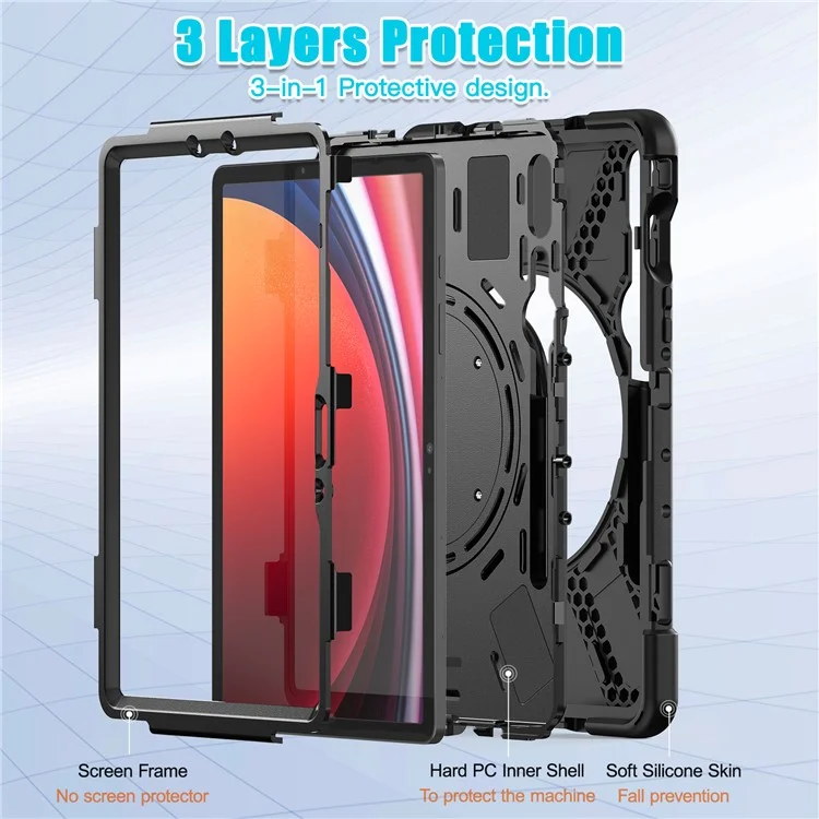 For Samsung Galaxy Tab S9 FE / S9 / S8 / S7 Hard PC+Soft Silicone Case Rotating Kickstand Shockproof Tablet Cover - Black+Black