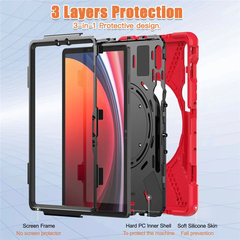 For Samsung Galaxy Tab S10 Lite / S10 FE / S9 FE / S9 / S8 / S7 PC+Silicone Case Rotating Kickstand Tablet Cover - Red+Black