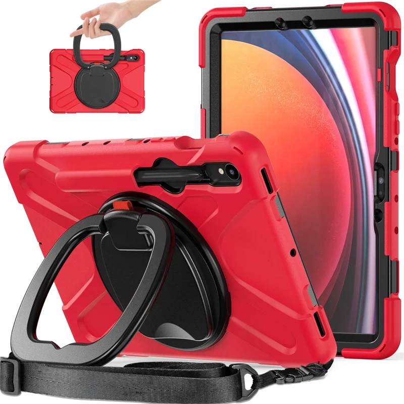 For Samsung Galaxy Tab S10 Lite / S10 FE / S9 FE / S9 / S8 / S7 PC+Silicone Case Rotating Kickstand Tablet Cover with Shoulder Strap - Red+Black
