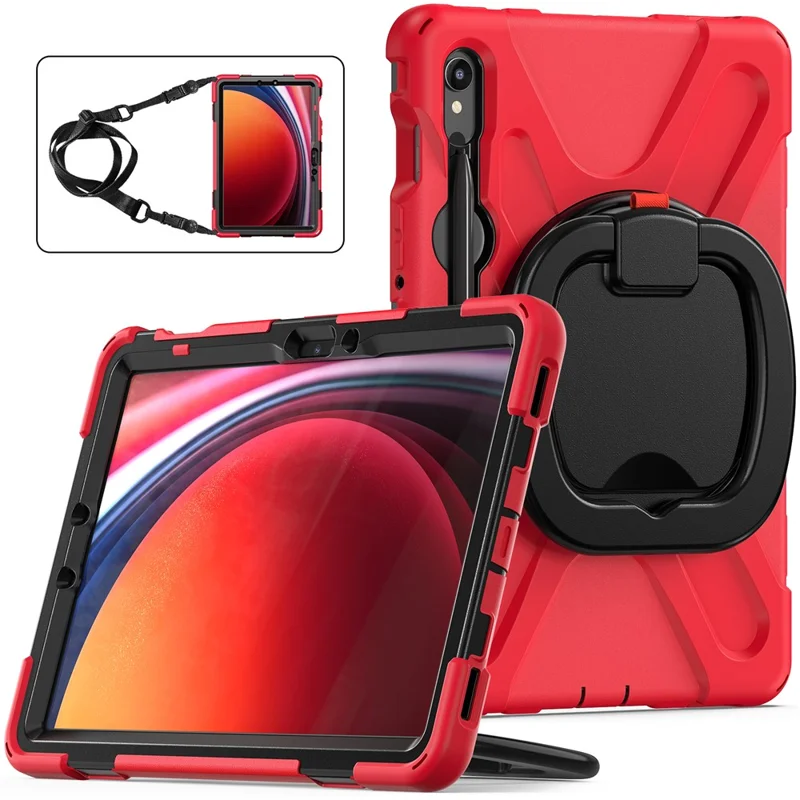 For Samsung Galaxy Tab S10 Lite / S10 FE / S9 FE / S9 / S8 / S7 PC+Silicone Case Rotating Kickstand Tablet Cover with Shoulder Strap - Red+Black