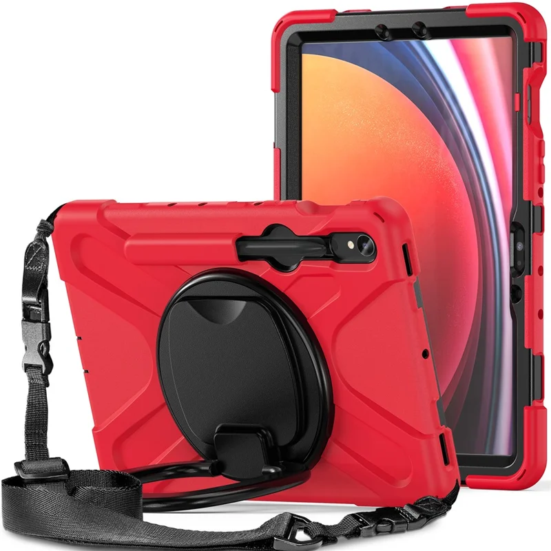 For Samsung Galaxy Tab S10 Lite / S10 FE / S9 FE / S9 / S8 / S7 PC+Silicone Case Rotating Kickstand Tablet Cover with Shoulder Strap - Red+Black