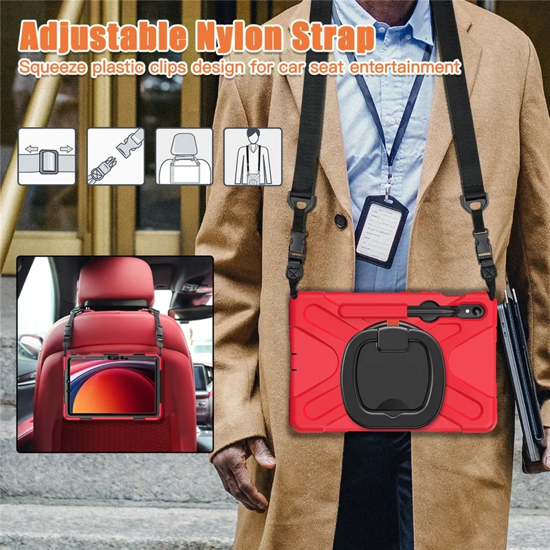 For Samsung Galaxy Tab S10 Lite / S10 FE / S9 FE / S9 / S8 / S7 PC+Silicone Case Rotating Kickstand Tablet Cover with Shoulder Strap - Red+Black