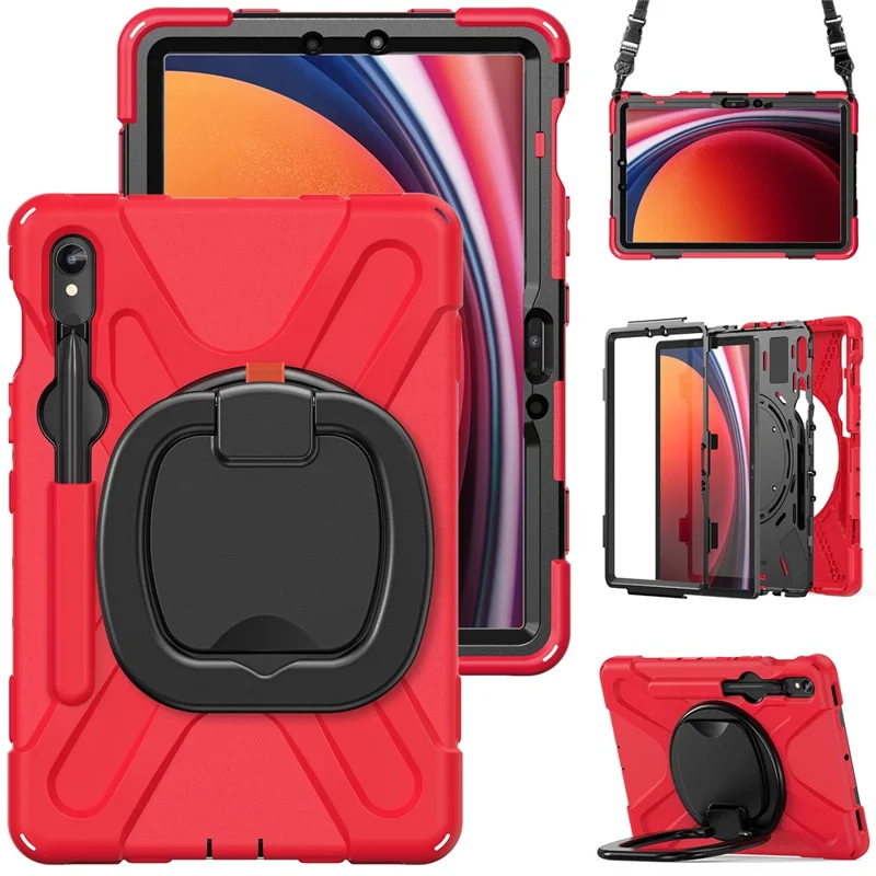 For Samsung Galaxy Tab S10 Lite / S10 FE / S9 FE / S9 / S8 / S7 PC+Silicone Case Rotating Kickstand Tablet Cover with Shoulder Strap - Red+Black
