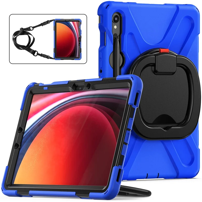 For Samsung Galaxy Tab S10 Lite / S10 FE / S9 FE / S9 / S8 / S7 PC+Silicone Case Rotating Kickstand Tablet Cover with Shoulder Strap - Blue+Black