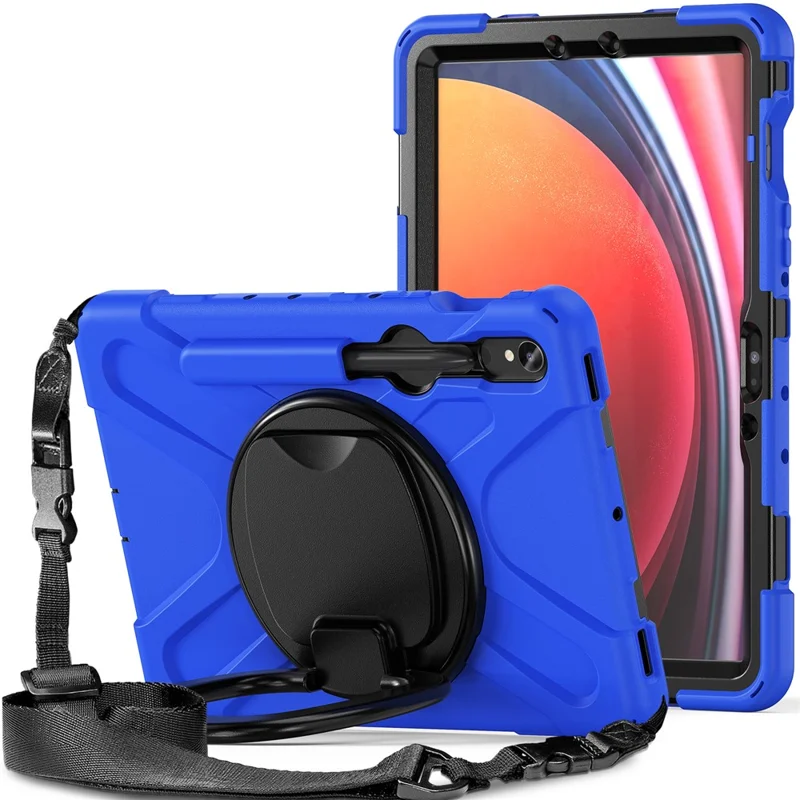 For Samsung Galaxy Tab S10 Lite / S10 FE / S9 FE / S9 / S8 / S7 PC+Silicone Case Rotating Kickstand Tablet Cover with Shoulder Strap - Blue+Black
