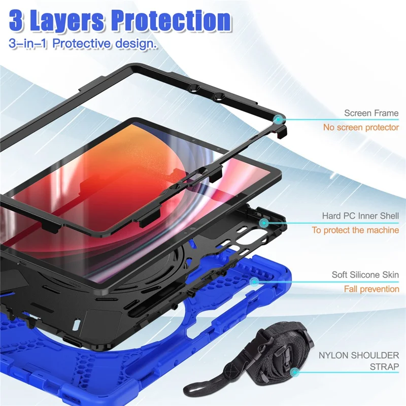 For Samsung Galaxy Tab S10 Lite / S10 FE / S9 FE / S9 / S8 / S7 PC+Silicone Case Rotating Kickstand Tablet Cover with Shoulder Strap - Blue+Black