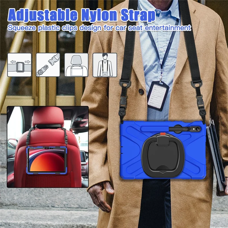 For Samsung Galaxy Tab S10 Lite / S10 FE / S9 FE / S9 / S8 / S7 PC+Silicone Case Rotating Kickstand Tablet Cover with Shoulder Strap - Blue+Black