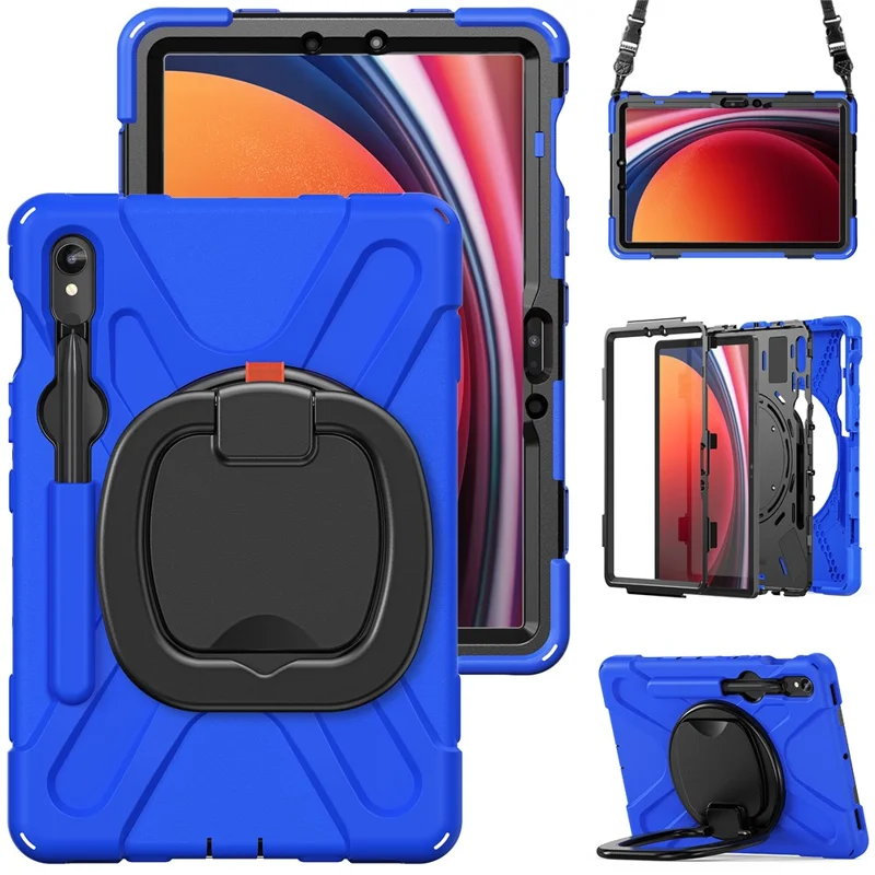For Samsung Galaxy Tab S10 Lite / S10 FE / S9 FE / S9 / S8 / S7 PC+Silicone Case Rotating Kickstand Tablet Cover with Shoulder Strap - Blue+Black