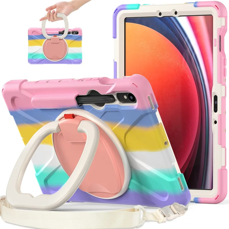 For Samsung Galaxy Tab S10 Lite / S10 FE / S9 FE / S9 / S8 / S7 PC+Silicone Case Rotating Kickstand Tablet Cover with Shoulder Strap - Colorful Pink