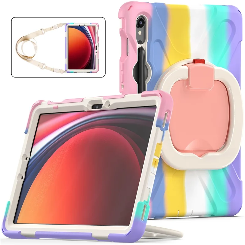 For Samsung Galaxy Tab S10 Lite / S10 FE / S9 FE / S9 / S8 / S7 PC+Silicone Case Rotating Kickstand Tablet Cover with Shoulder Strap - Colorful Pink