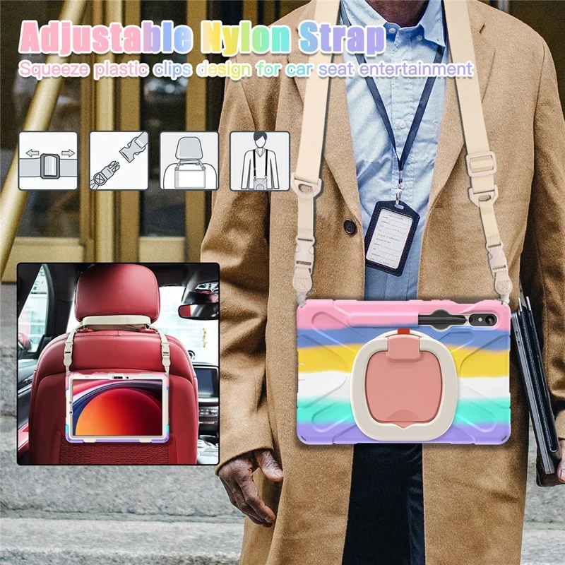 For Samsung Galaxy Tab S10 Lite / S10 FE / S9 FE / S9 / S8 / S7 PC+Silicone Case Rotating Kickstand Tablet Cover with Shoulder Strap - Colorful Pink