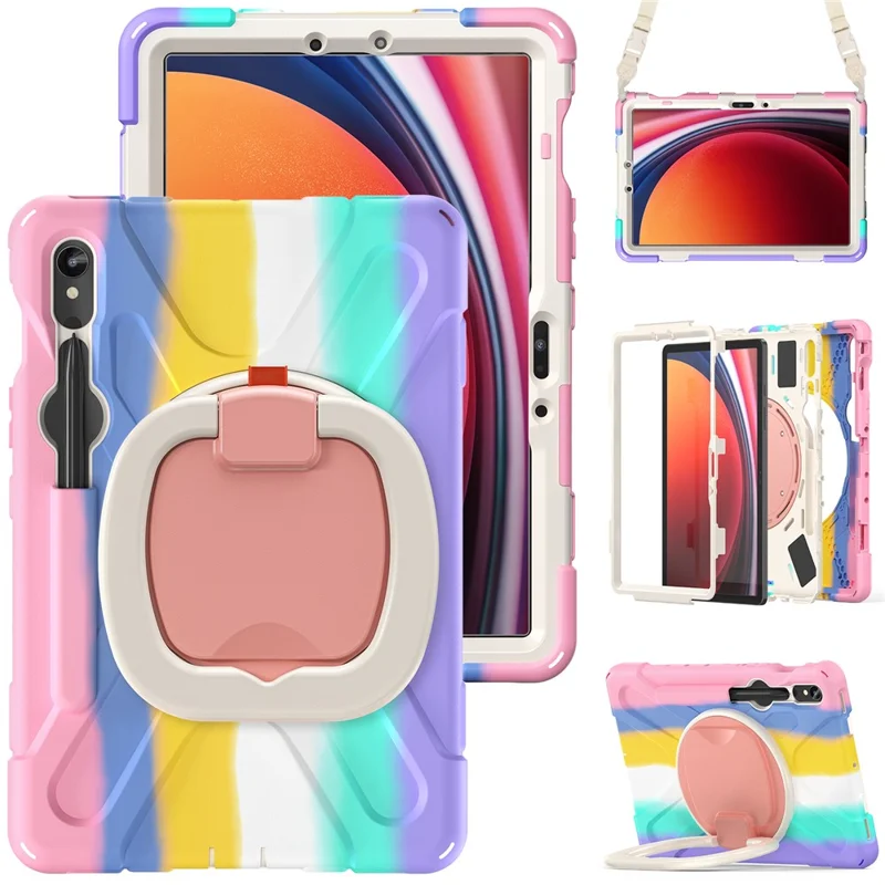 For Samsung Galaxy Tab S10 Lite / S10 FE / S9 FE / S9 / S8 / S7 PC+Silicone Case Rotating Kickstand Tablet Cover with Shoulder Strap - Colorful Pink