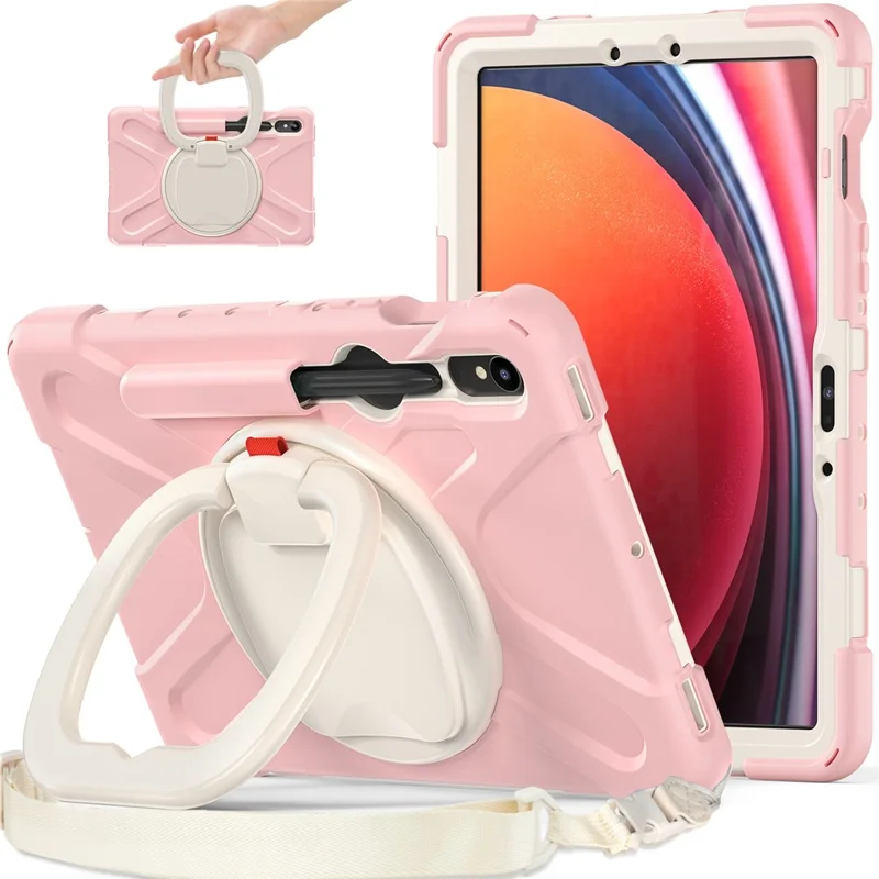 For Samsung Galaxy Tab S10 Lite / S10 FE / S9 FE / S9 / S8 / S7 PC+Silicone Case Rotating Kickstand Tablet Cover with Shoulder Strap - Pink